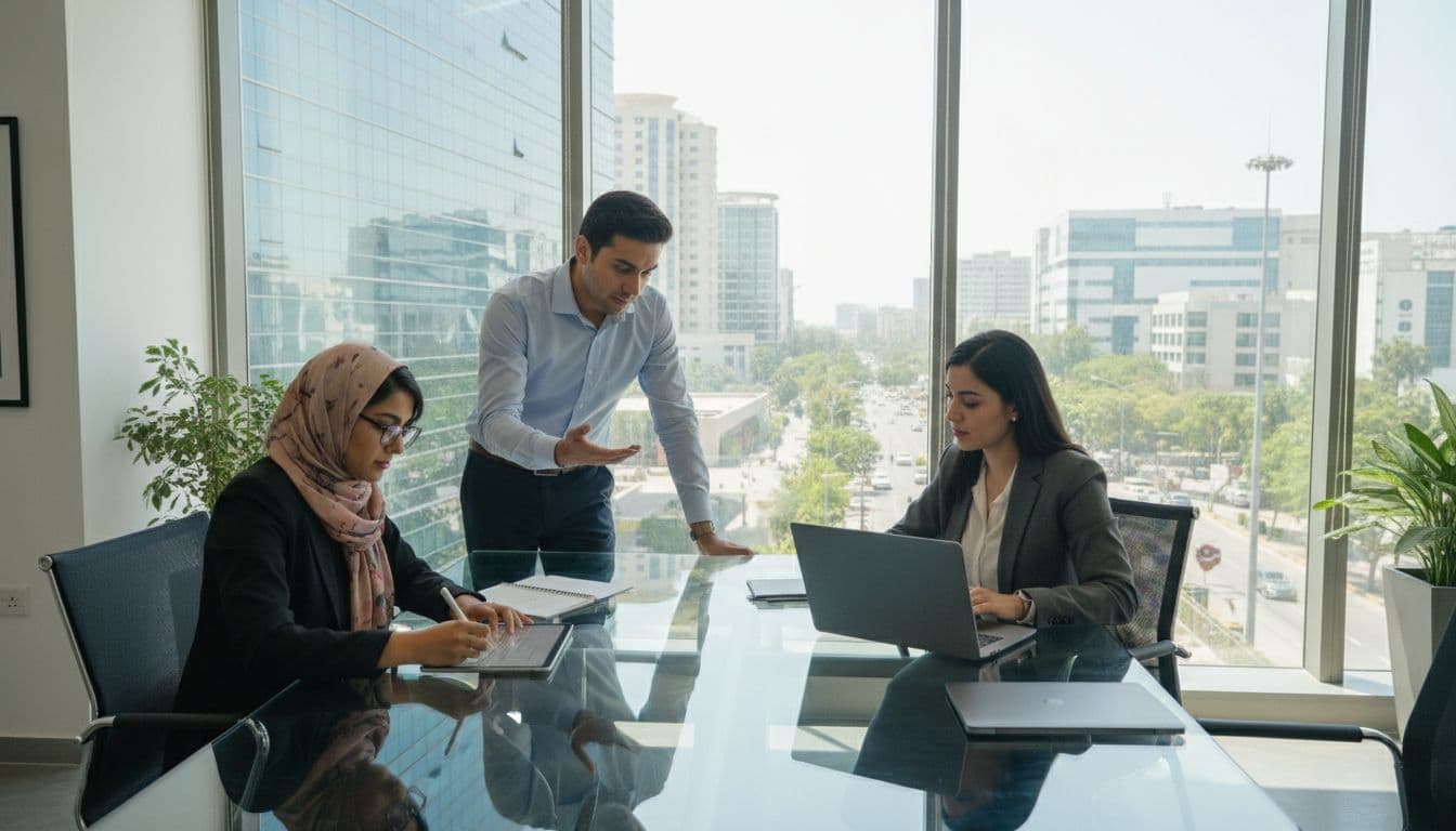 A diverse team of three professionals in a modern Lahore, Pakistan office: one signs a digital contract on a tablet, others discuss around a table with laptops, bright natural light.