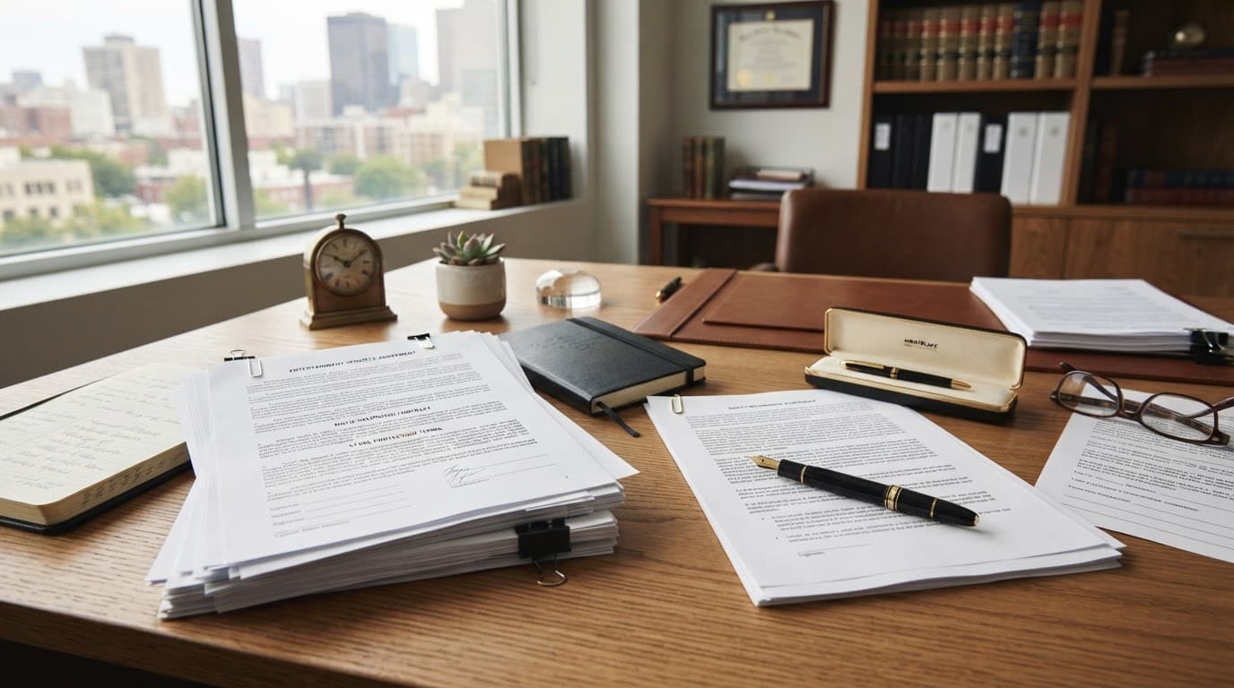 Legal and entertainment contracts arranged beside a fountain pen on an oak desk.