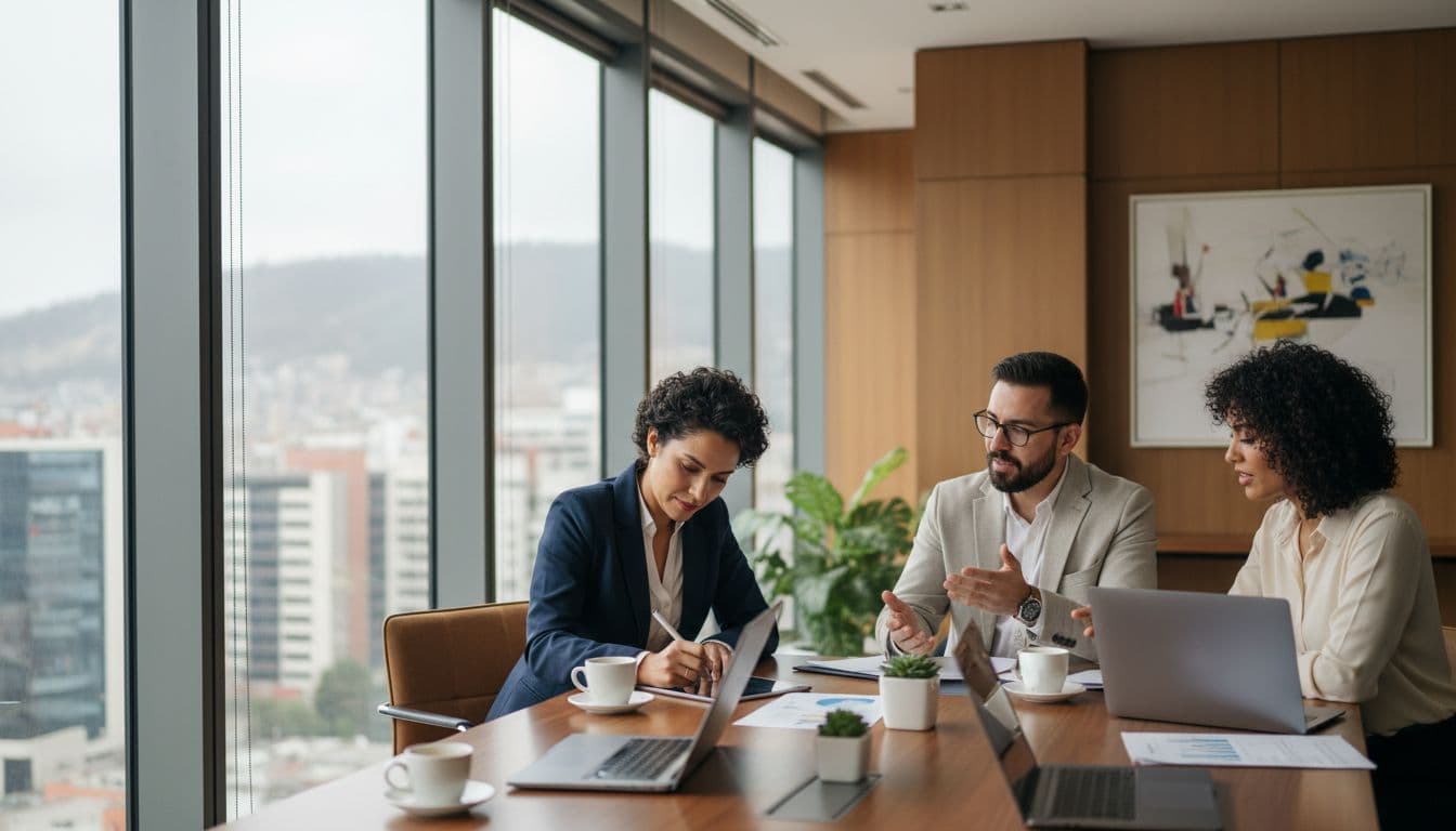 A professional team of three diverse business people in a modern office in Lima, Peru, with one signing a digital contract on a tablet while others discuss around a table with laptops and coffee under natural daylight.
