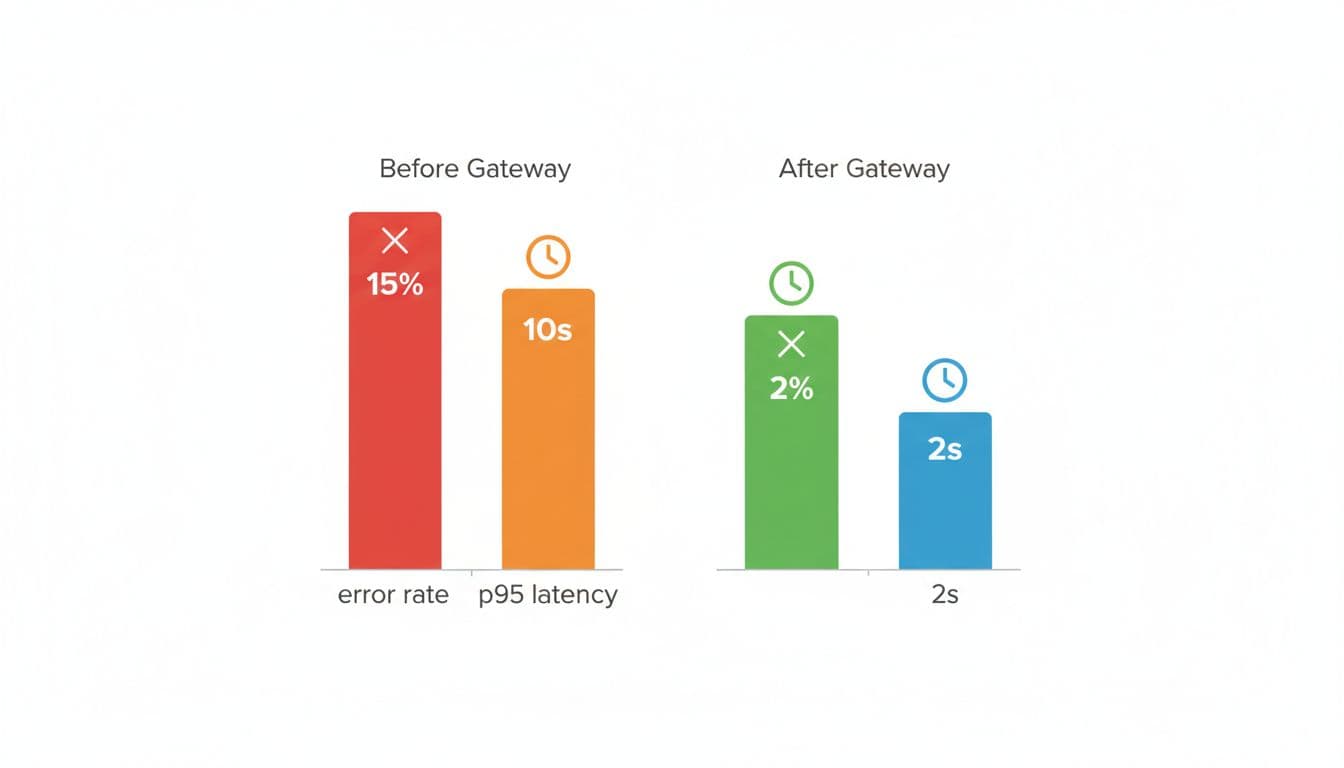 Bar chart comparing high error rate (15% red) and p95 latency (10s orange) before API gateway, versus low error (2% green) and latency (2s blue) after. Clean modern chart on white background with simple icons for error and latency.
