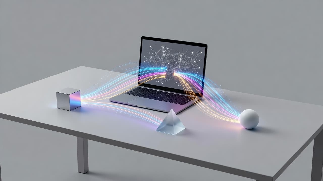 A minimalist office desk features a central laptop displaying intricate abstract network diagrams. Multicolored glowing data streams flow outward from the screen toward three distinct, stylized geometric AI model shapes.