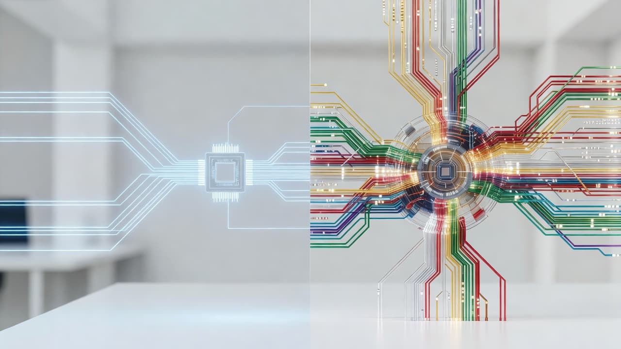 Thin blue data lines feed a small processor icon on the left, while vibrant, dense streams converge into a central hub on the right, set against a pristine white office background.