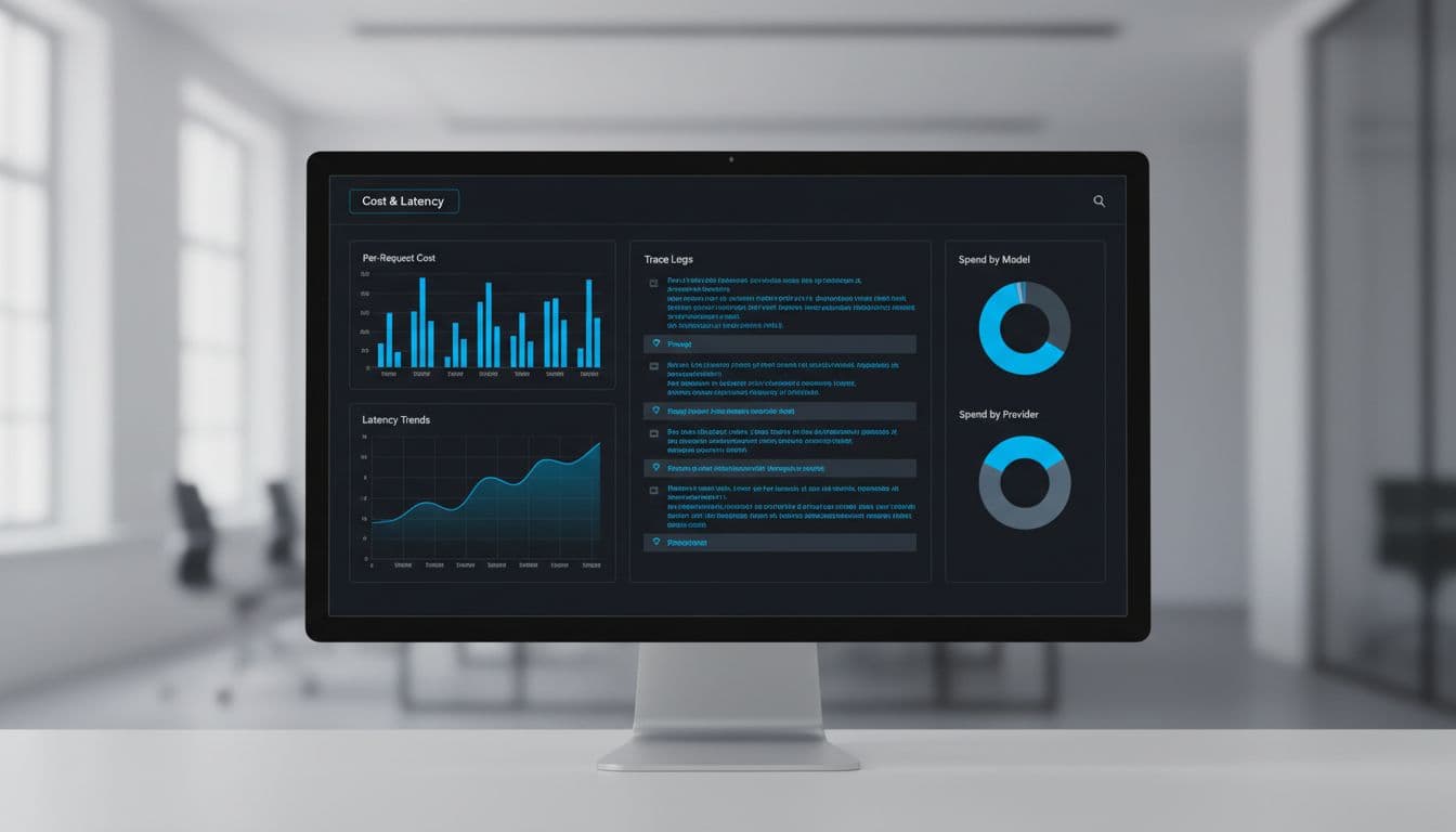 Clean modern web dashboard in professional dark theme displaying LLM observability metrics: bar charts for per-request costs, line graphs for latency trends, prompt and response trace logs, and spend breakdowns by model and provider, with subtle blue accents on a single large screen.