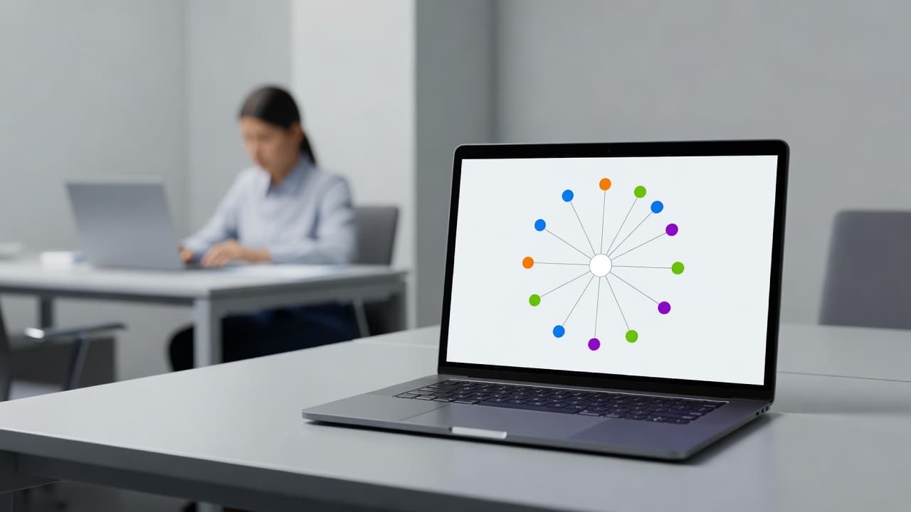 A professional laptop screen displays an intricate network chart connecting a central hub to diverse colorful data nodes. A person works in the softly blurred background of the bright office.