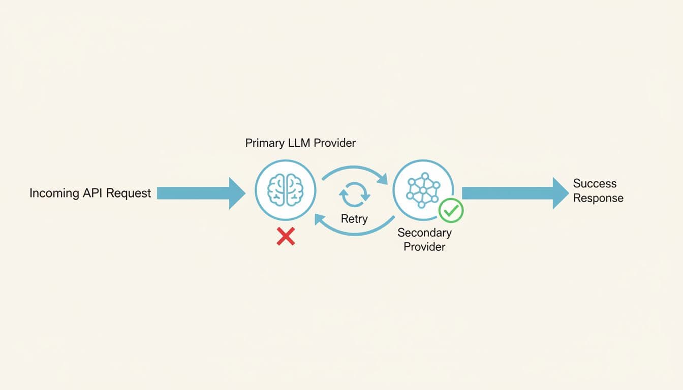Simple flowchart diagram showing incoming API request to primary LLM provider, failure with retry to secondary provider, and success response, using clean line icons on a light background.