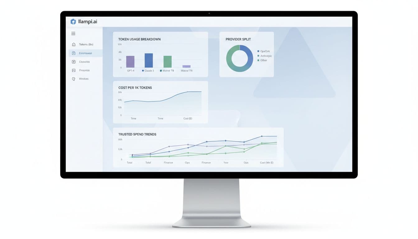 Clean modern dashboard interface showing LLM spend analytics with charts for token usage breakdowns by model and provider, cost per 1K tokens, and trusted spend trends over time.
