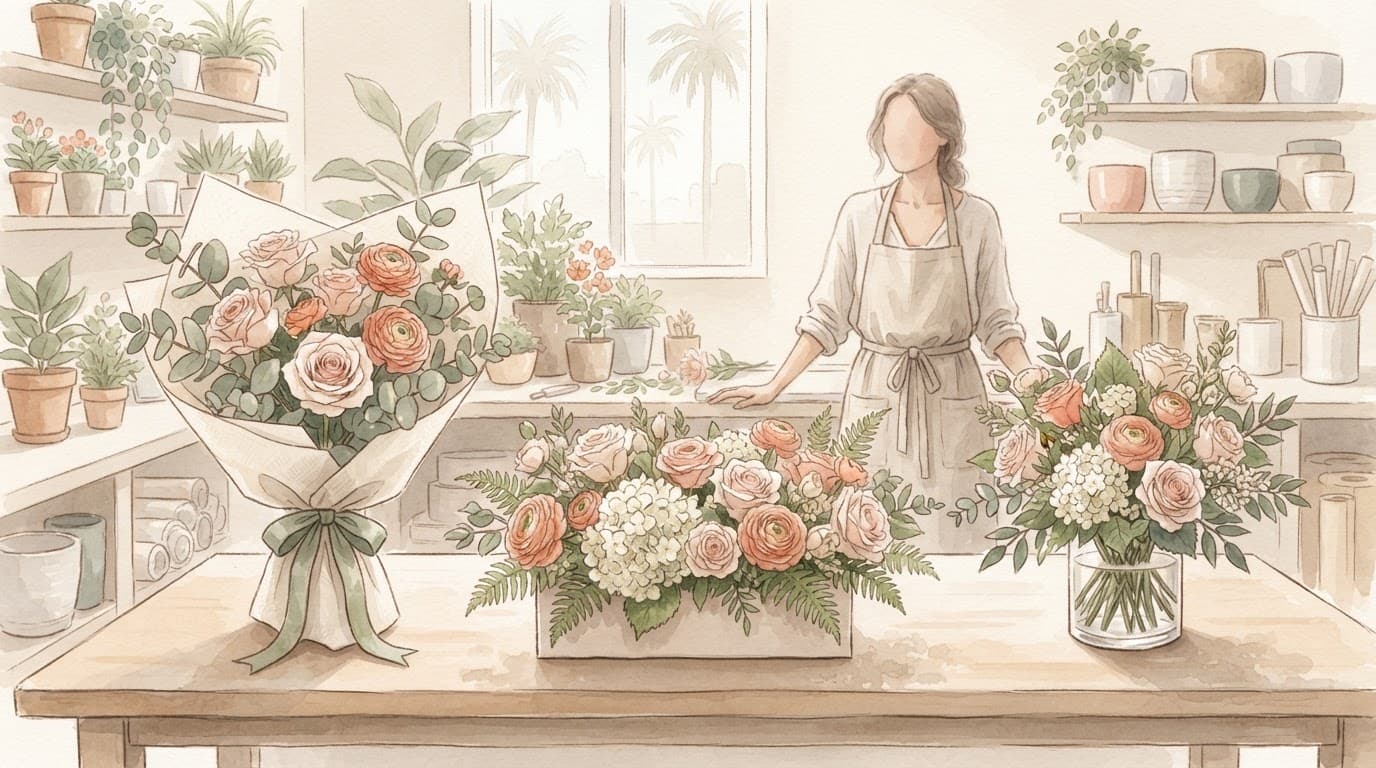 One florist stands behind a table with a bouquet, flower box, and vase arrangement.