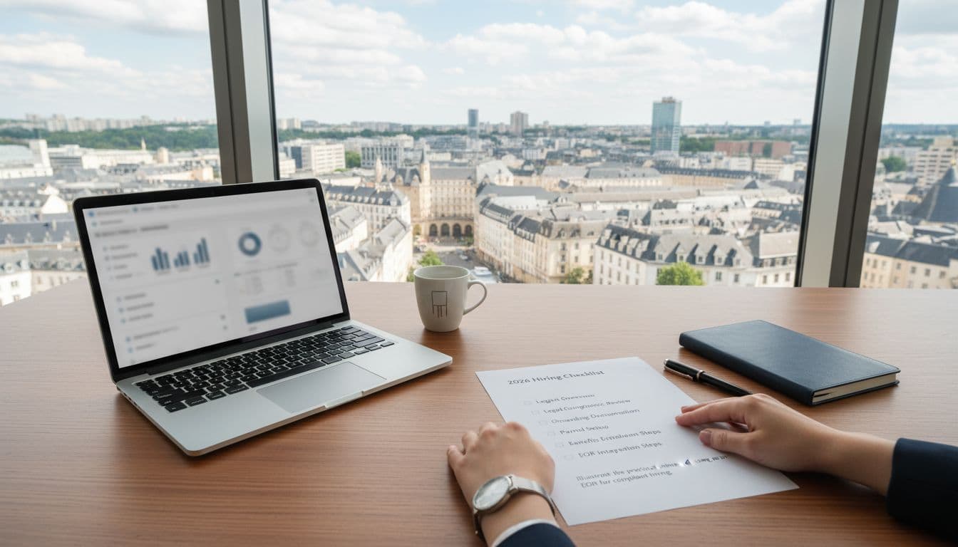A professional desk setup in a Luxembourg office features an open laptop with a blurred hiring dashboard, a printed employee onboarding checklist with hands resting on it, notepad, pen, and coffee cup, with city skyline view through the window.