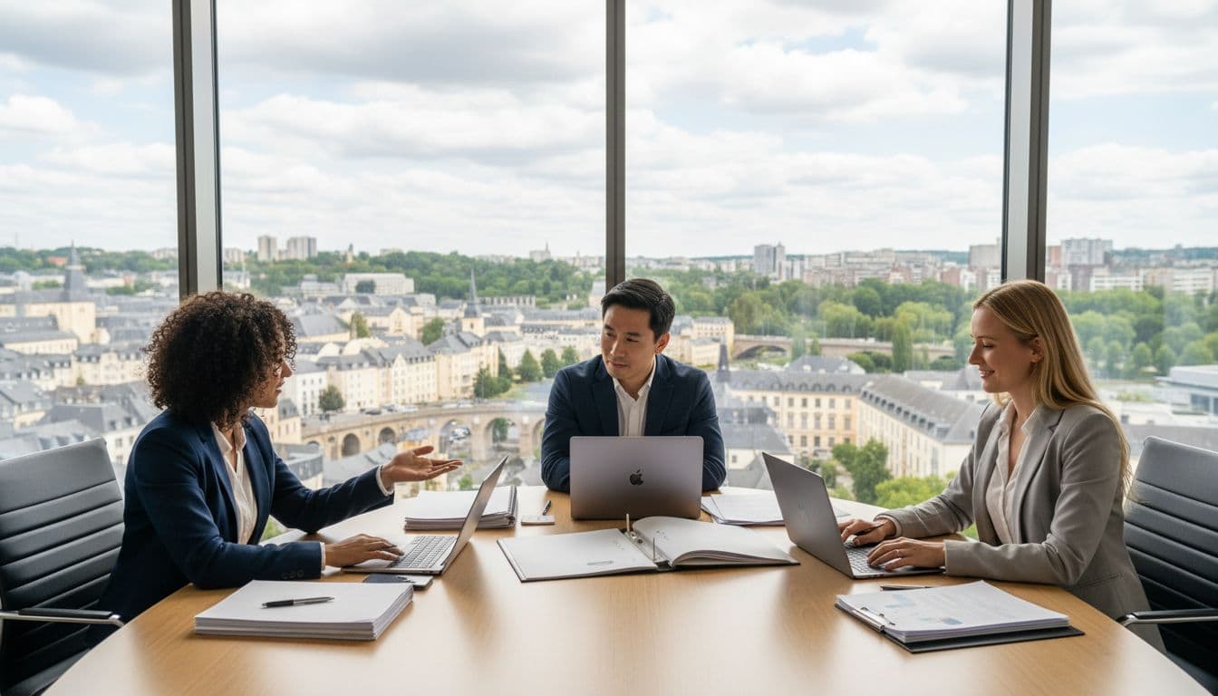 Three diverse professionals in a modern Luxembourg business meeting room discuss hiring plans around a table with laptops and documents, cityscape view, collaborative atmosphere, soft natural lighting.
