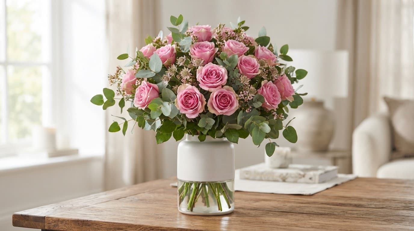 Pink roses and eucalyptus arranged in a ceramic vase on a wooden table.