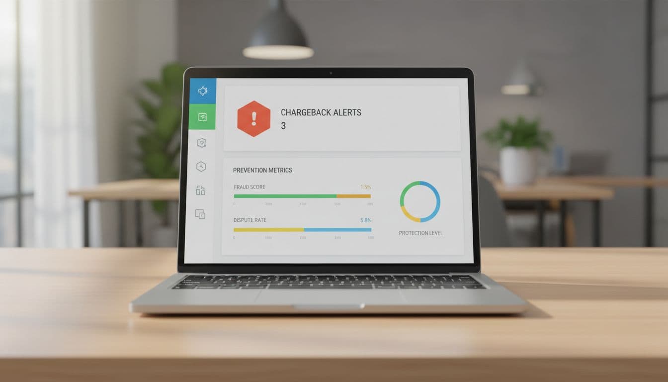 Modern e-commerce dashboard on a laptop screen displaying chargeback alerts and prevention metrics for a Magento store, set on a clean office desk with natural daylight lighting in a professional, minimalistic style. Exactly one laptop centered, no people, text, logos, or extra devices.