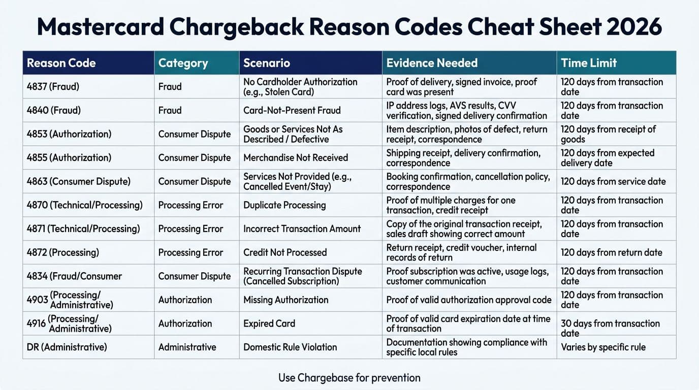 Clean professional infographic-style table in landscape orientation with white background, navy and teal accents. Columns include Reason Code, Category, Scenario, Evidence Needed, Time Limit, featuring 12 example codes.