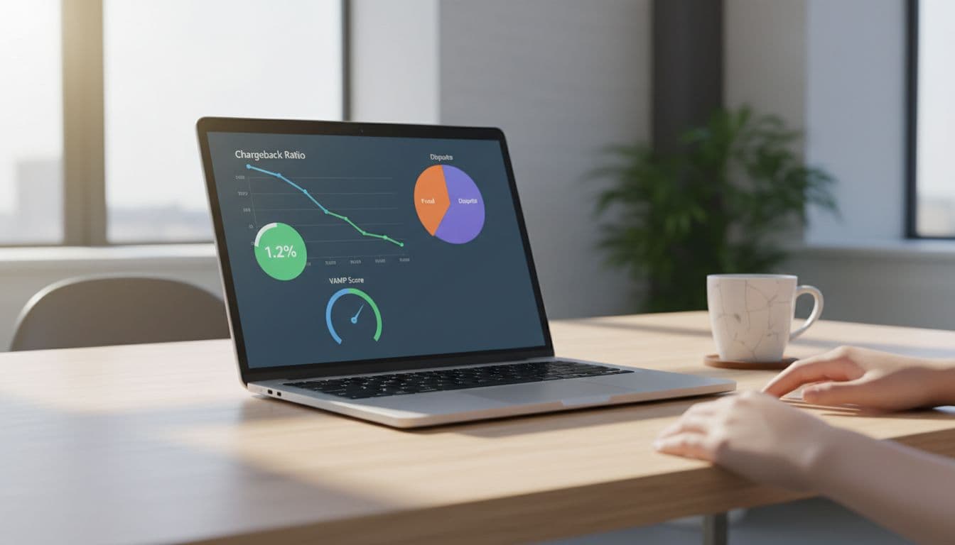 Modern laptop screen in a bright office displays merchant analytics dashboard showing chargeback ratio line graph trending down to 1.2%, fraud vs disputes pie charts, and VAMP score in safe green zone. Simple desk setup with coffee mug, natural light, professional infographic style.