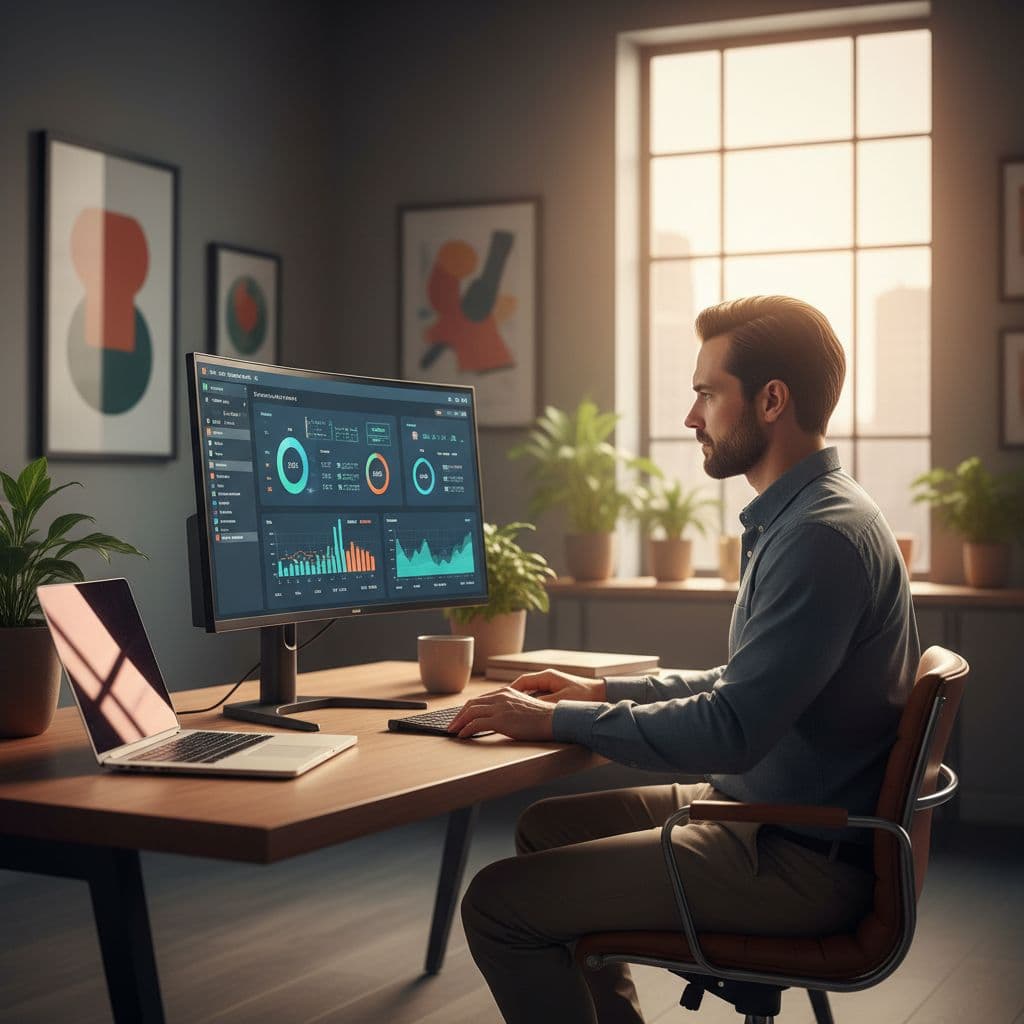 Focused person at desk in modern office views digital dashboard of payment data on laptop screen.