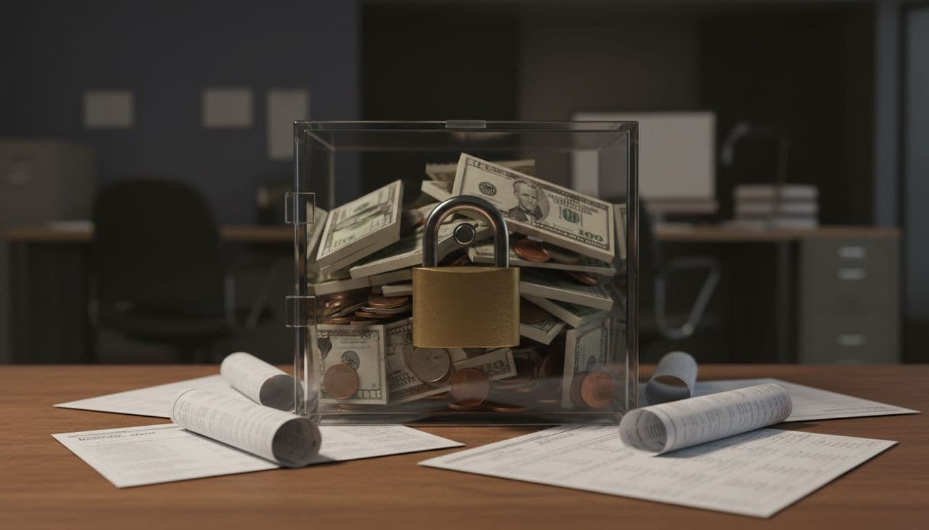 Pile of dollar bills and coins inside a transparent safe with a large padlock, surrounded by merchant account statements on a wooden table in a dimly lit office, symbolizing cash tied up by chargeback reserves.