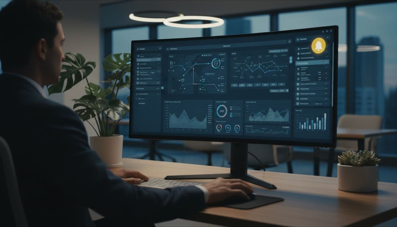Professional merchant in office views chargeback prevention dashboard on large monitor with alert icon.