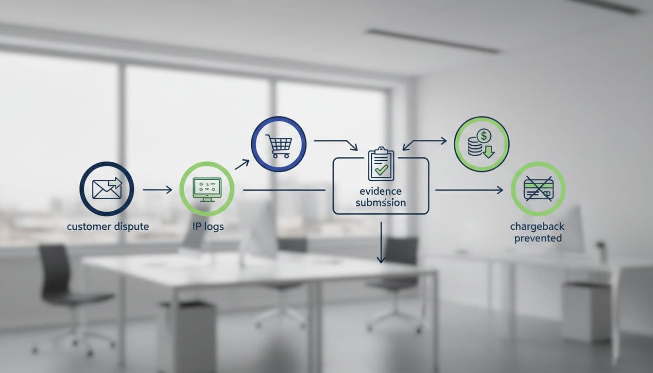 Infographic flowchart illustrating steps from customer dispute to merchant response with evidence submission to prevent chargebacks, featuring icons for email, order confirmation, IP logs, and refund decision on a clean office background.