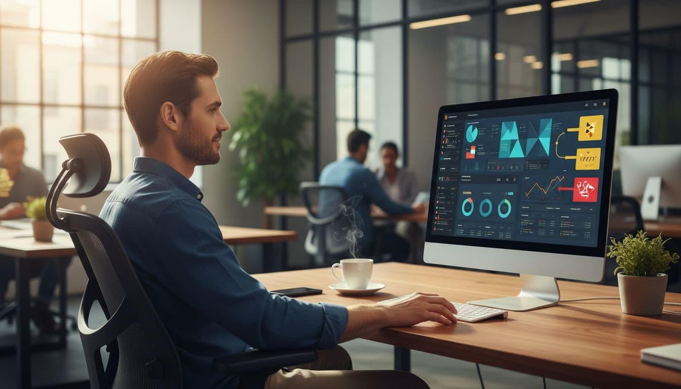 A relaxed professional merchant in a modern office sits focused on a computer screen displaying a chargeback prevention dashboard at an angle, with visible alert notifications, a coffee cup, and phone on the desk under warm lighting.