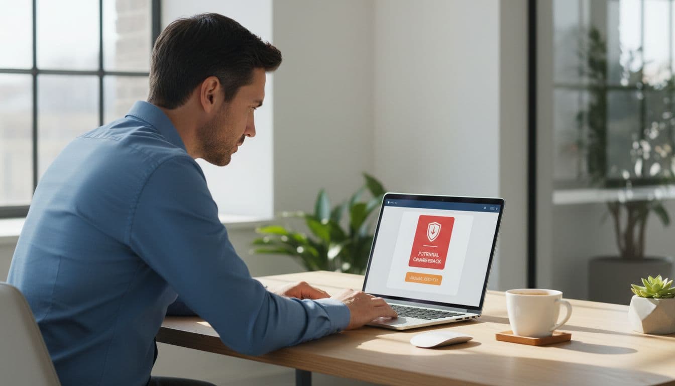 A focused merchant at a modern office desk reviews a payment dashboard on a laptop screen displaying simplified notifications for potential chargebacks, with a coffee mug nearby under natural daylight.