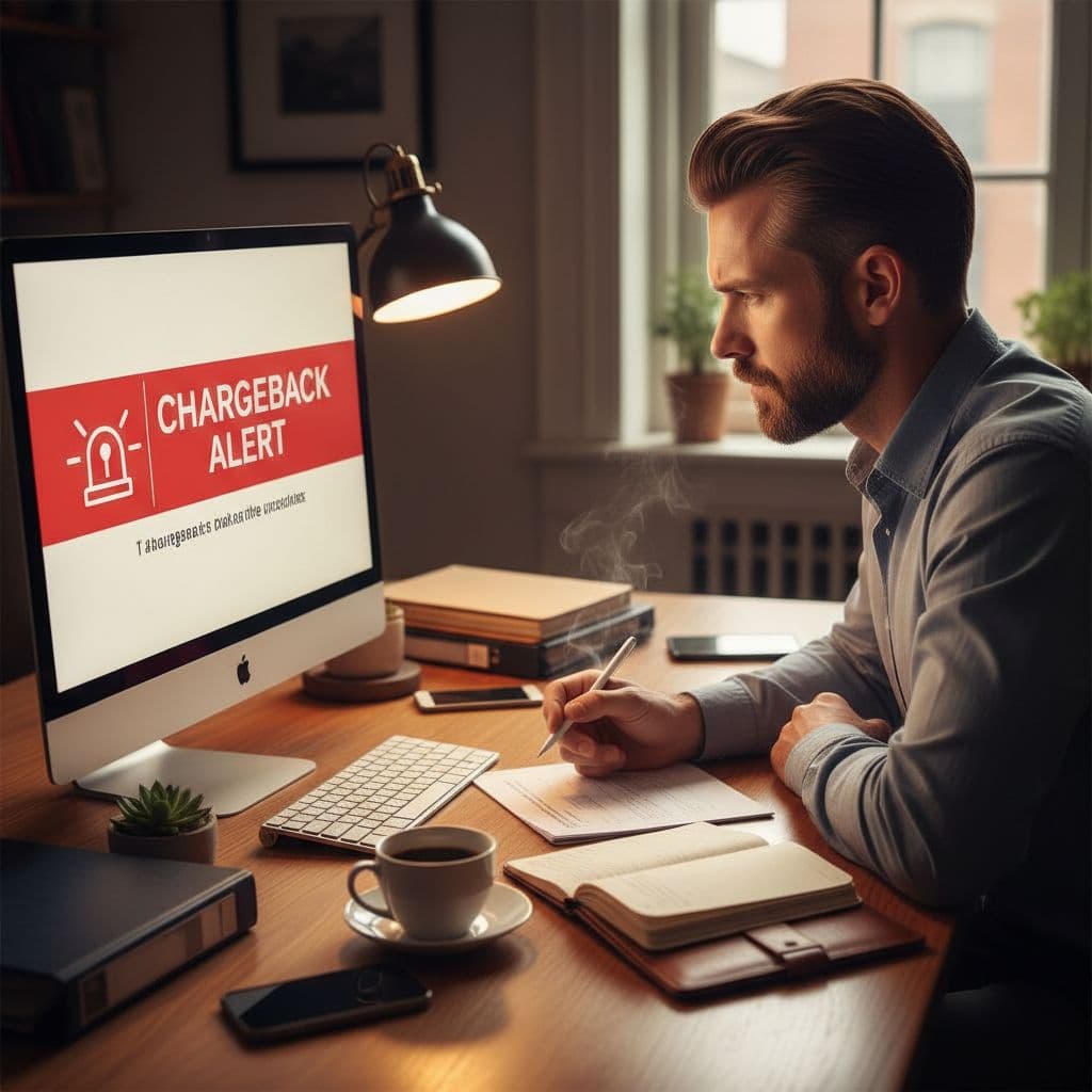 A focused merchant at an organized desk reviews documents and a computer screen showing a chargeback alert notification, with a coffee mug and notepad nearby under warm indoor lighting.