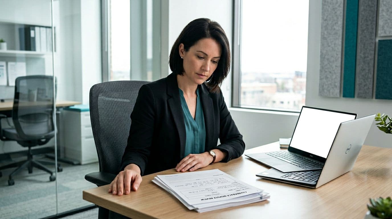 A professional merchant sits at a modern office desk, focused on reviewing chargeback documents while monitoring a reason code alert on the laptop screen. The scene features natural daylight lighting, teal accents, and a clean realistic style with exactly one person.