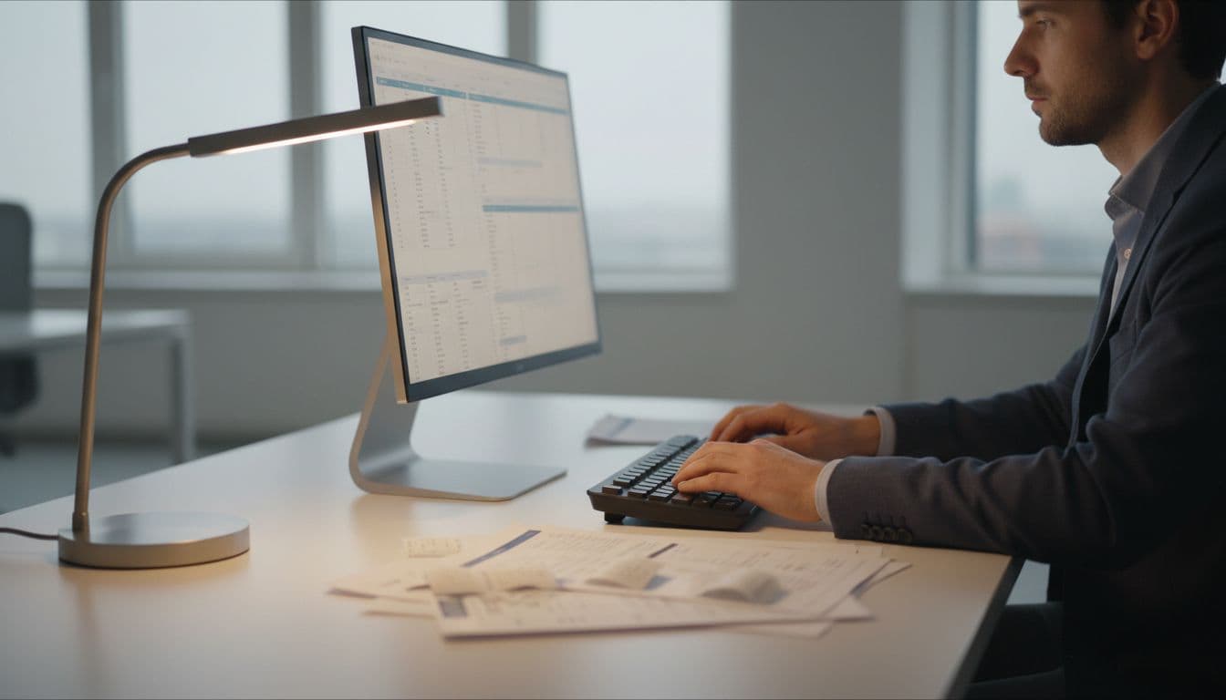 Professional seated at modern office desk reviews chargeback representment on computer screen with transaction receipt papers nearby.