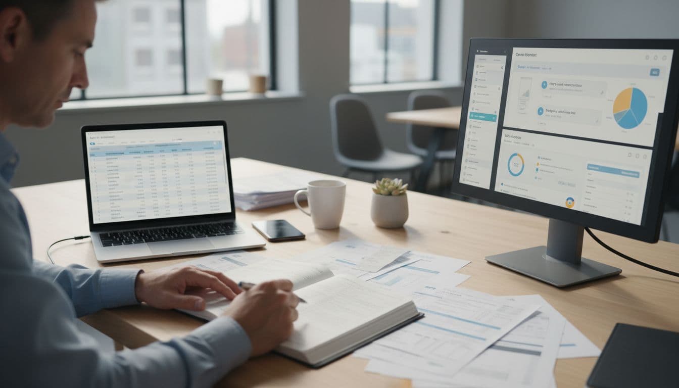 A merchant at a modern office desk reviews documents and computer screens displaying transaction details and customer communications, in a close-up composition highlighting the workspace with papers, laptop, and phone under natural daylight.