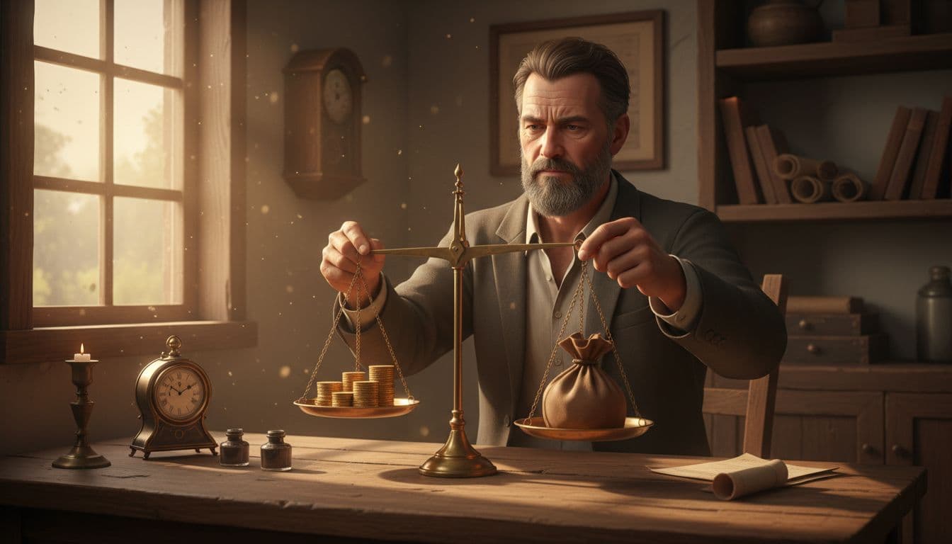 Thoughtful merchant at wooden desk holding balance scale: one pan with stacked coins and clock for time costs, other with tipping money bag, realistic style, warm lighting.