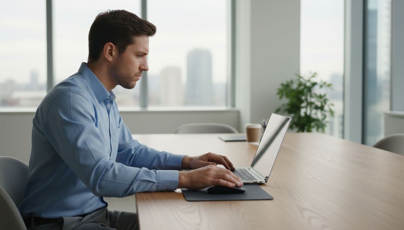Merchant in a modern office examining a suspicious online order on laptop screen with thoughtful expression, side angle realistic photography with soft natural light.