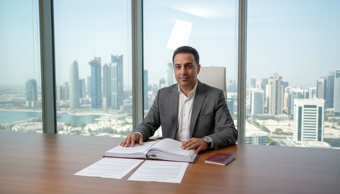 A Middle Eastern business professional sits at a modern office desk, casually reviewing a stack of employment contracts and a passport, with the Doha skyline visible through a large window behind under natural lighting.