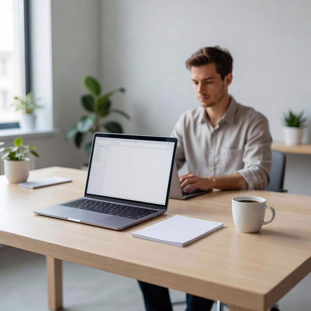 A single laptop sits open on a polished wooden surface next to a spiral notepad and a warm cup of coffee. Natural light floods the minimalist desk in this organized workspace.
