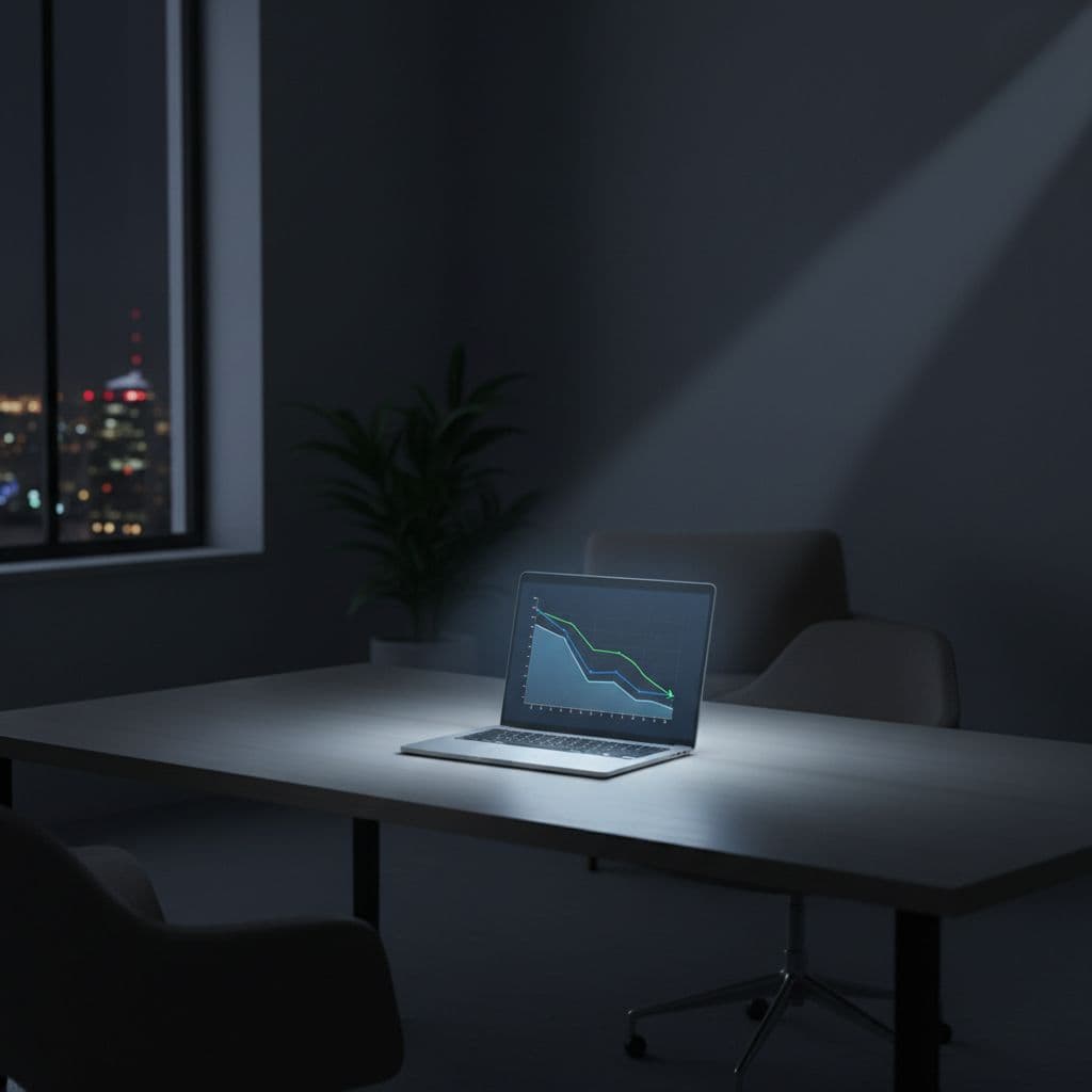 A glowing laptop screen displaying a clean financial graph sits in a dark, minimalist office.
