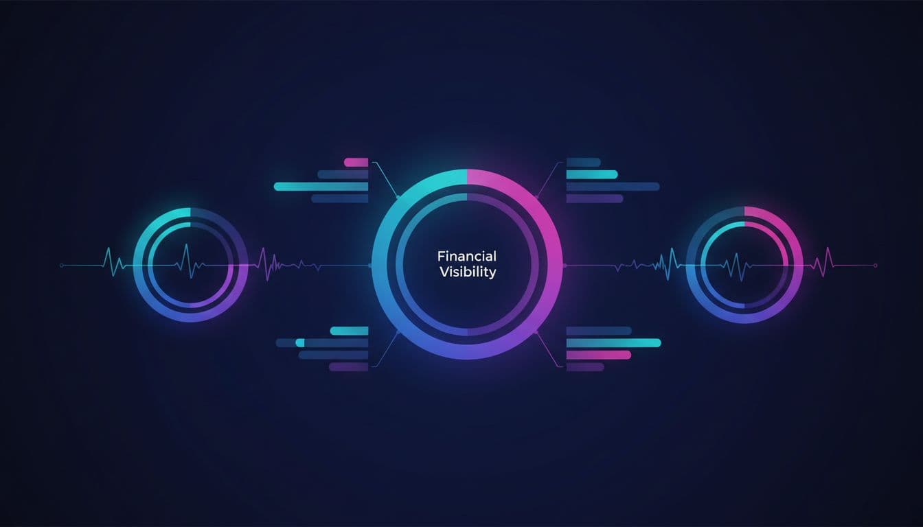 A clean digital interface features abstract circular and bar charts glowing against a dark background.