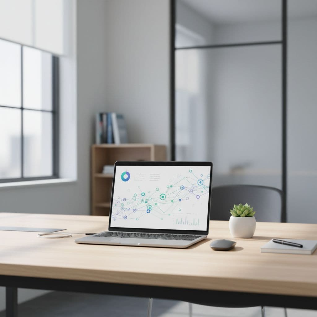 A minimalist office desk features a laptop displaying abstract data charts under soft natural light.