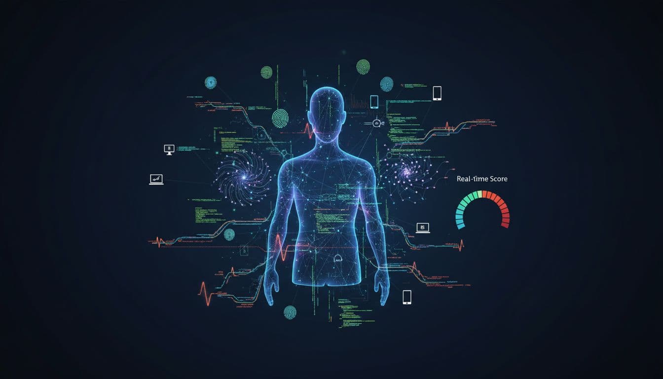 Central silhouette overlaid with browser fingerprints, glowing JS code, curving behavior paths, neural net patterns, device icons, API sequences, and score meter on dark background.
