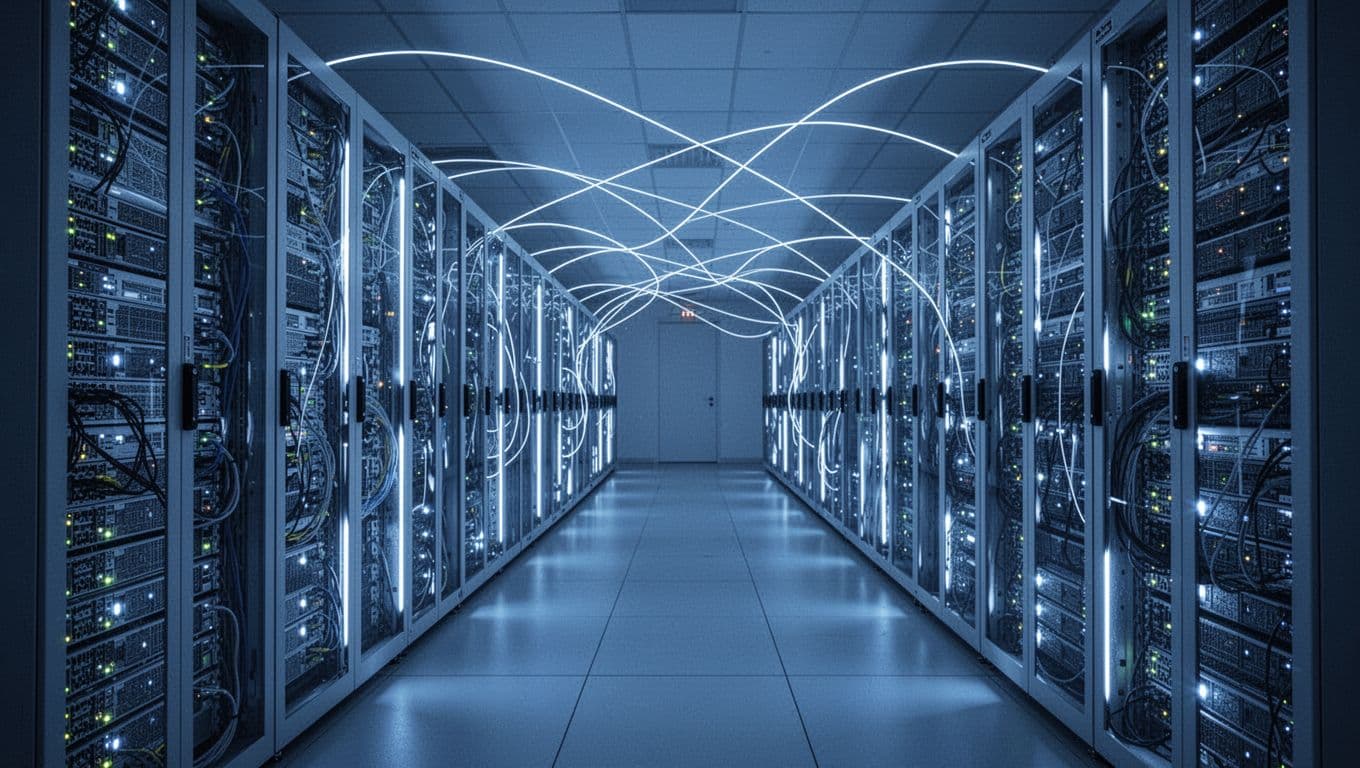 Rows of steadily glowing server racks line a modern data center with cloud connection icons overhead under cool blue lighting.
