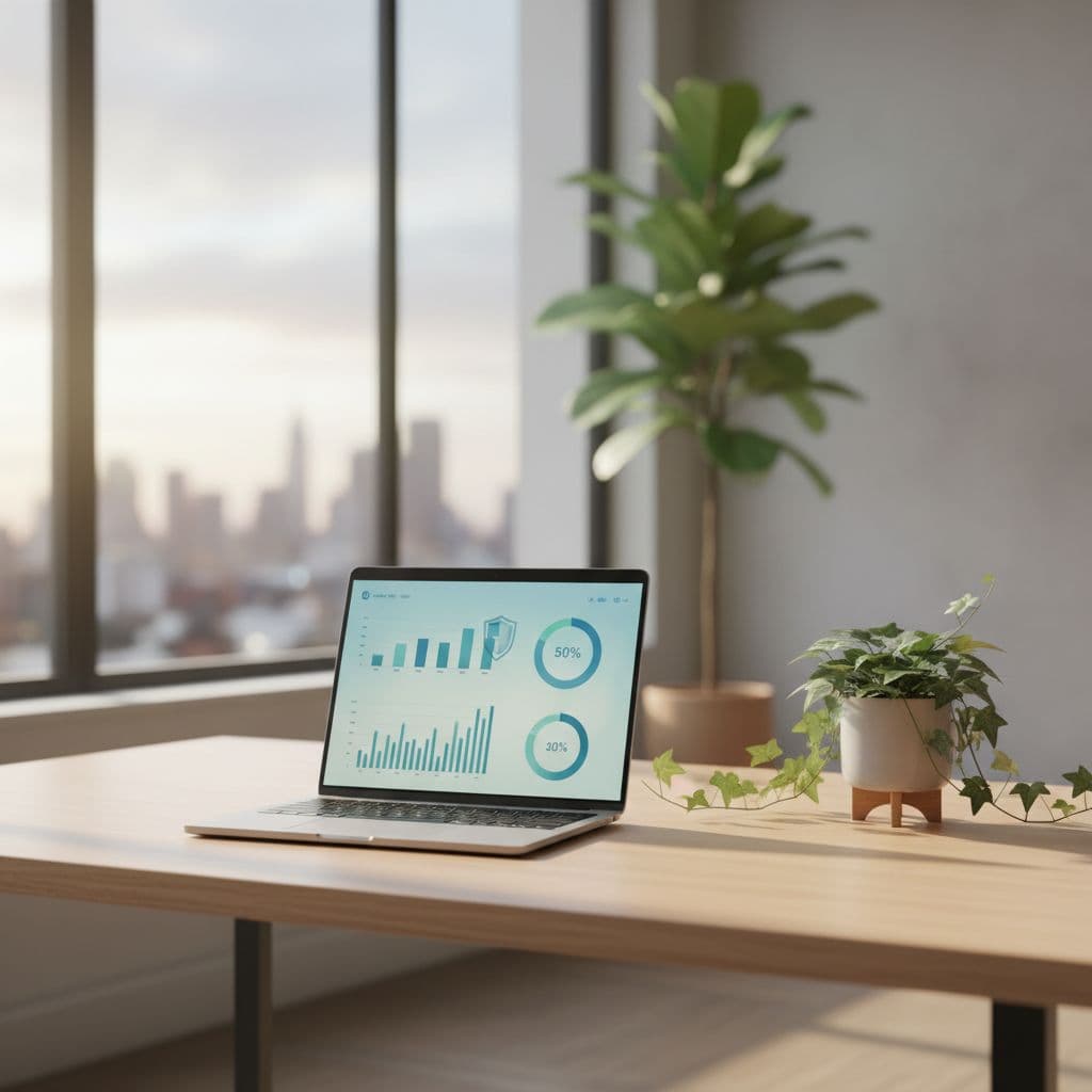 A sleek laptop showing a professional financial dashboard sits on a clean desk in soft morning light.