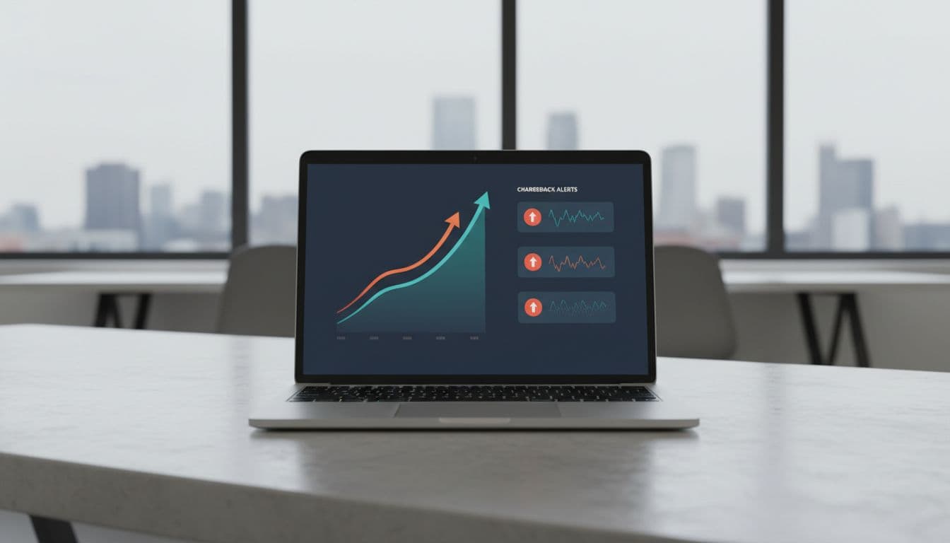 Modern payment dashboard on a single laptop screen showing real-time chargeback alerts with upward trend arrows indicating rising patterns, on a clean desk in a contemporary office.