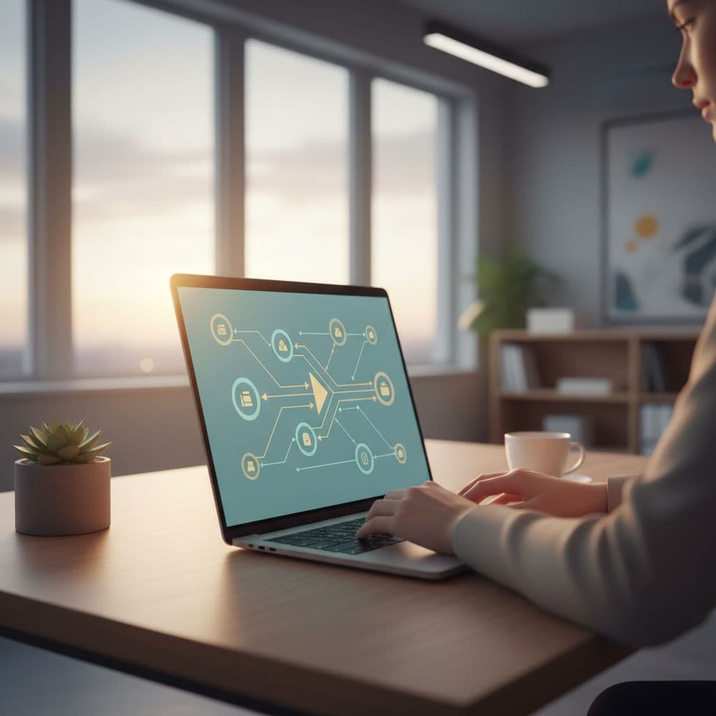 A close-up perspective captures a person working on a sleek laptop within a minimalist office. Warm ambient lighting illuminates the clean workspace, highlighting the focused task of subscription payment management.