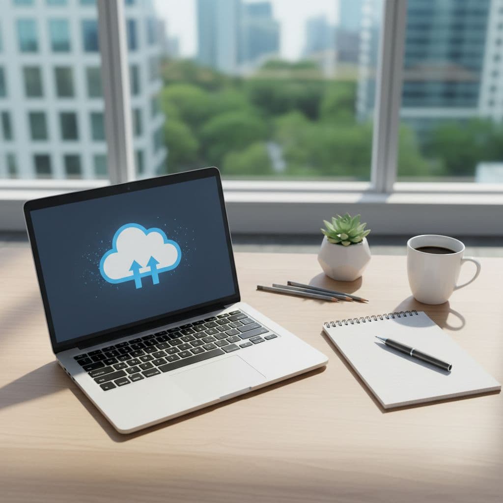 A top-down view of a bright workspace featuring an open laptop, a notepad, and coffee.