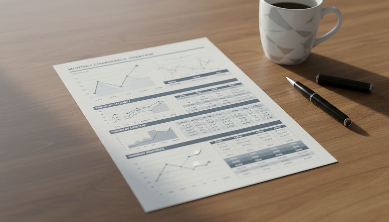 Printed monthly chargeback report with graphs and tables on wooden desk, coffee mug and pen nearby.