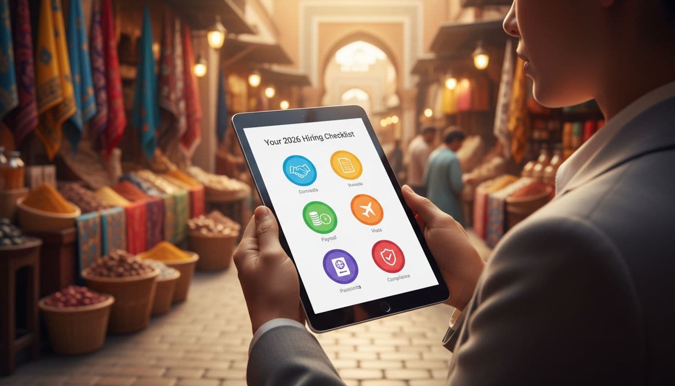 Infographic-style checklist on a digital tablet held by a business person in a vibrant Moroccan market, featuring icons for contracts, payroll, visas, and compliance. Clean modern vector style with warm lighting, one person only, no readable text.