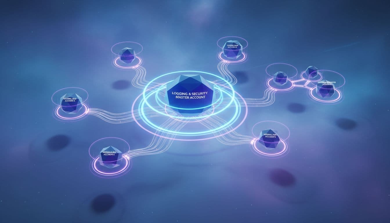 Abstract glowing nodes representing a multi-account cloud network connected by secure pathways.