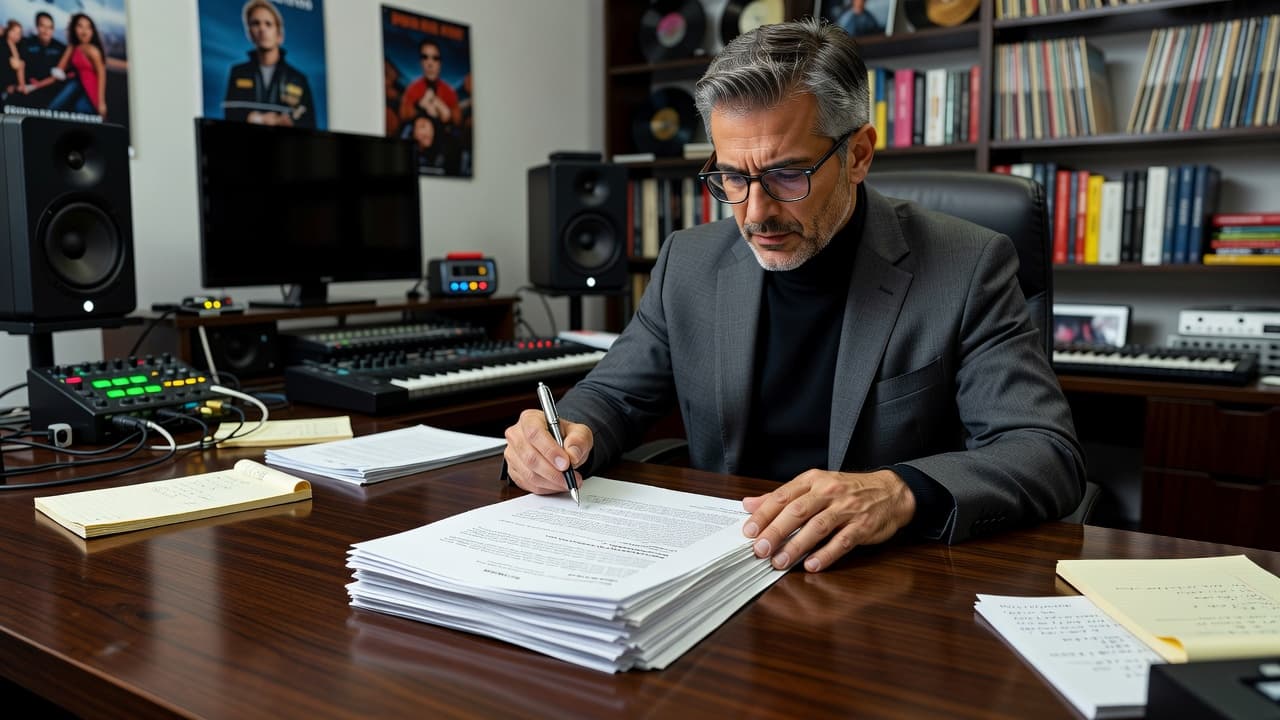 A music producer leans over a wooden desk to carefully review a legal agreement. Nearby, recording studio monitors and a sleek microphone stand are positioned against the warm, professional office backdrop.