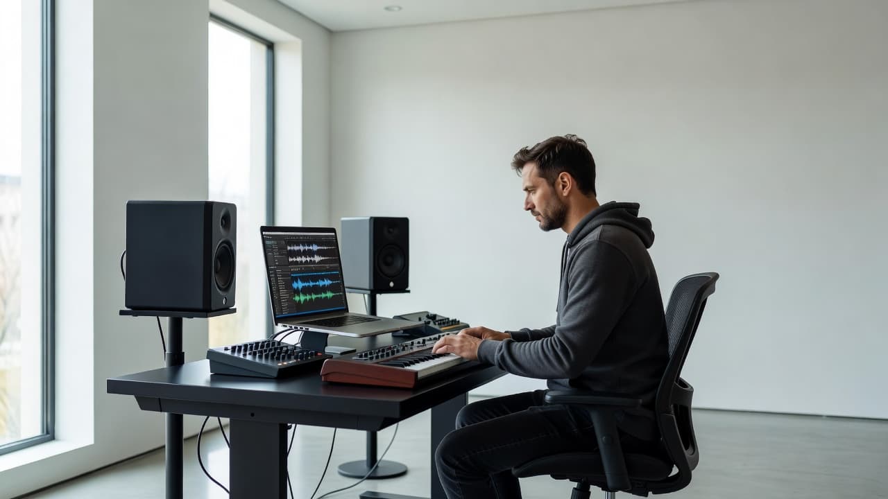 A focused producer sits in a sunlit studio, peering intently at audio software displayed on a sleek laptop. Essential gear lines the desk, reflecting a professional creative environment for sound engineering.