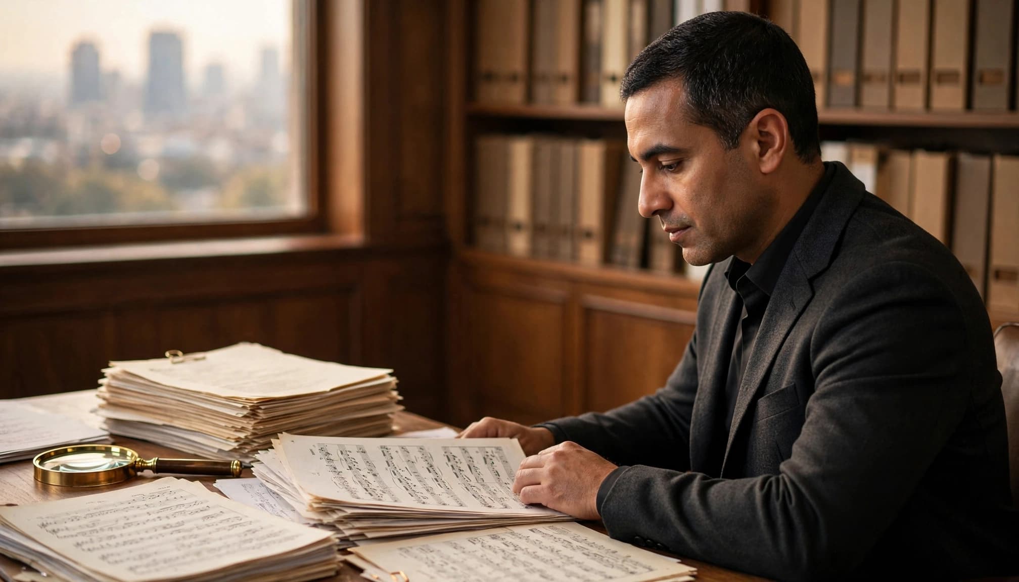 Attorney reviewing sheet music and royalty papers beside a magnifying glass.