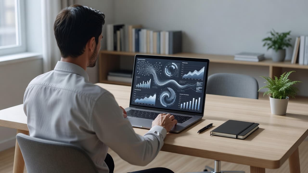 A laptop on a clean desk shows abstract charts for tracking music industry royalty data.