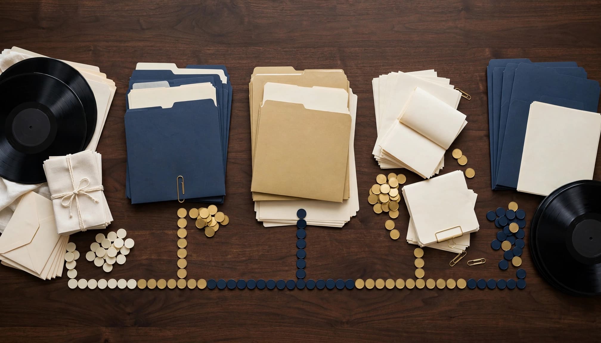 Vinyl records, folders, statements, and colored tokens arranged as a music royalty evidence trail.