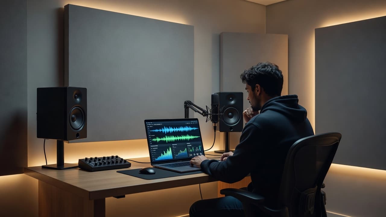 An artist reviews music streaming analytics and audio waveforms on a laptop in a minimalist studio.