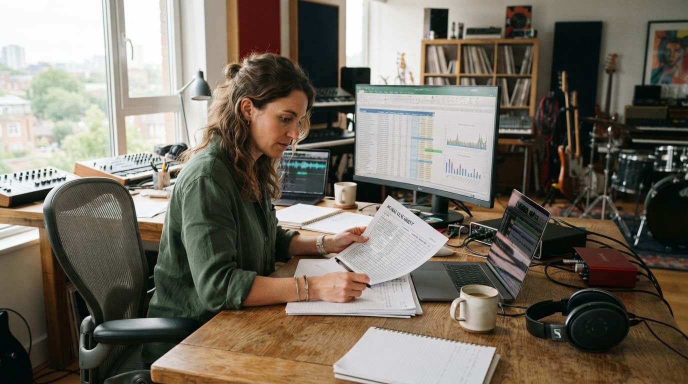 A music supervisor reviews papers and spreadsheets at a wooden desk.